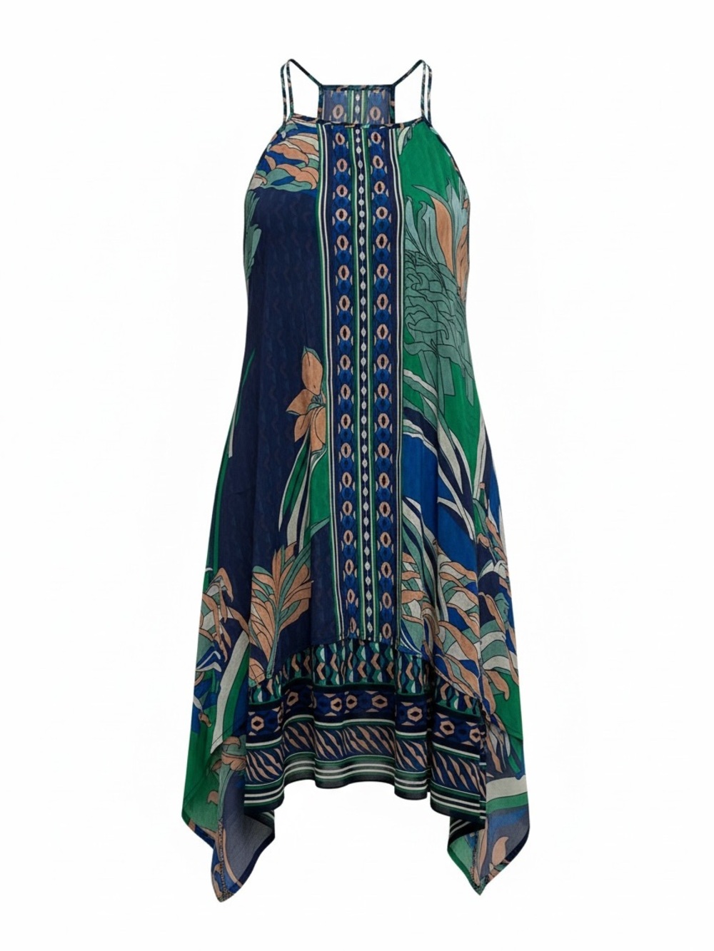 Maeve - Green & Navy Floral Halter Handkerchief Dress
